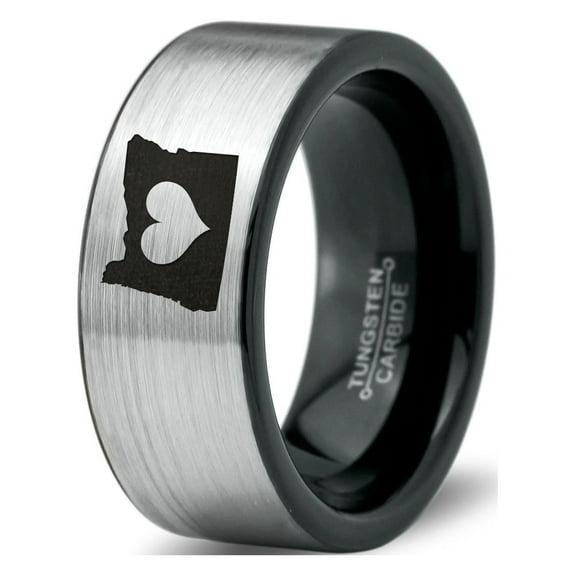 Tungsten Oregon The Beaver State Heart Band Ring 8mm Men Women Comfort Fit Brushed Gray Flat Cut Black Polished