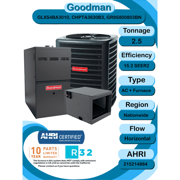 Goodman 2.5 ton 15.2 SEER2 Complete Split System with horizontal coil and single stage 80% AFUE 80k BTU furnace with install accessories! (GLXS4BA3010 CHPTA3630B3 GR9S800803BN)