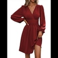 thumbnail image 2 of Vestido Elegante para Mujer, Cuello en V, Larga, Cintura Alta, Corte Holgado, para Fiesta de Graduación, Cóctel, Corto Vino Tinto M, 2 of 7
