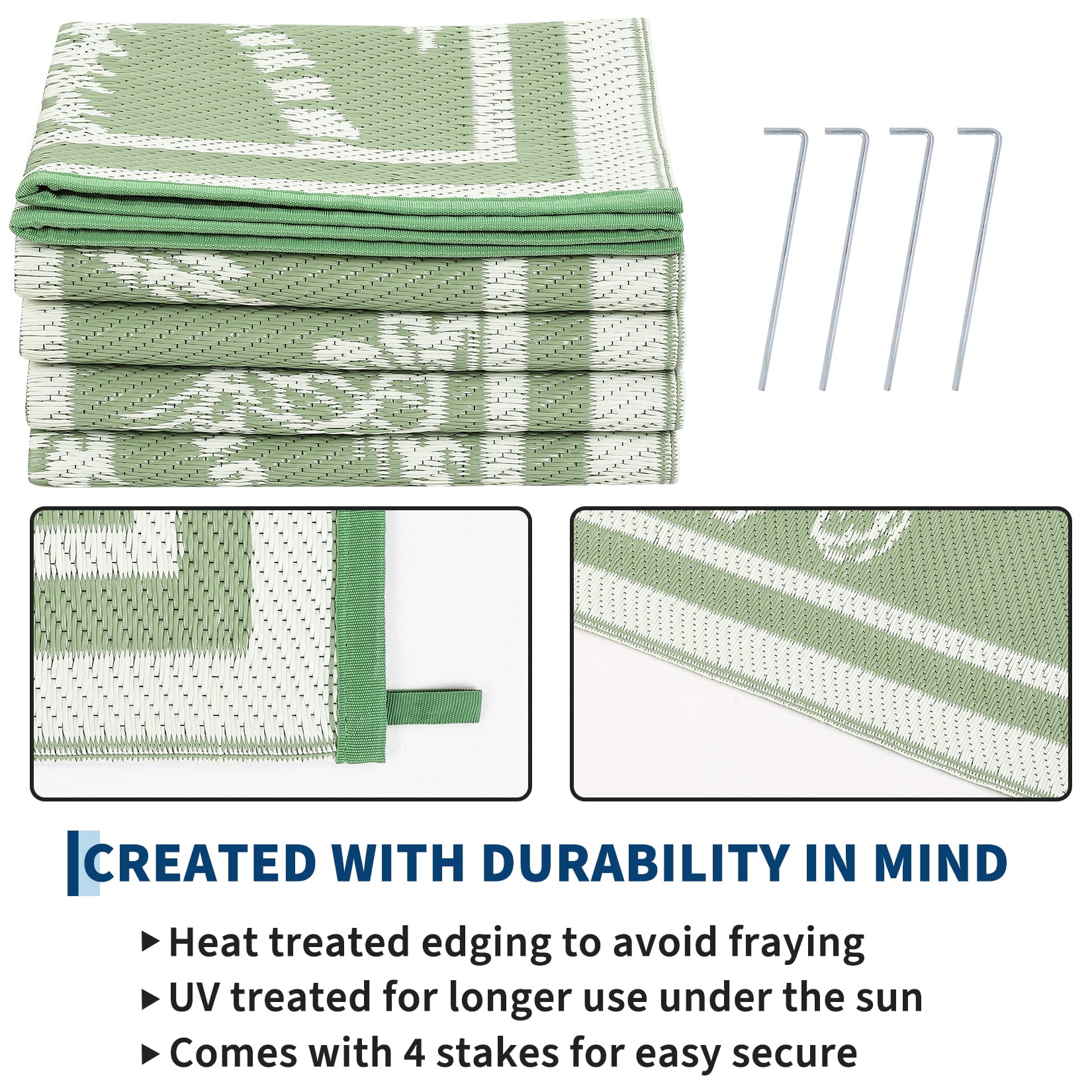 Garvee Outdoor Rug 9x12ft Waterproof Reversible Foldable Plastic Straw Rug, Tropical Leaf Border Outdoor Mat for Patio, Camping, RV, Deck, Porch, Balcony, Black Blue