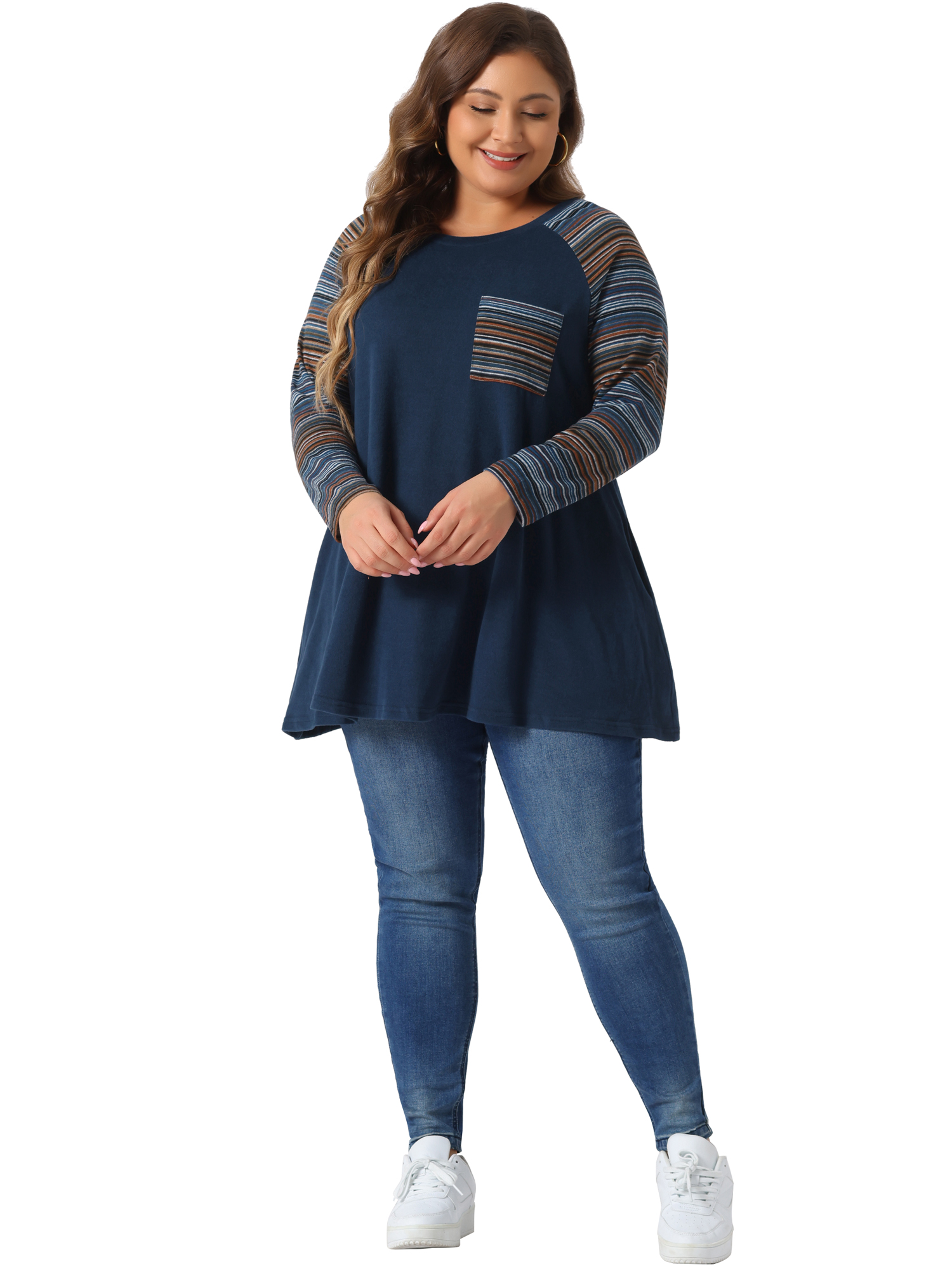 DARING DIVA Women's Plus Size Long Sleeve Color Block Knit Tunic 2X Navy Blue