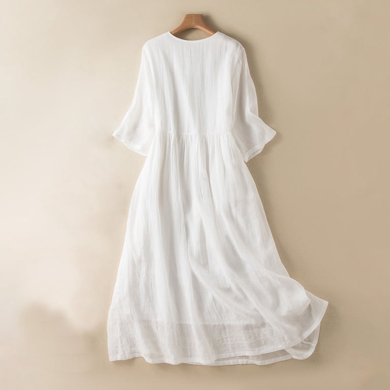 Oplxuo Women's Elegant Cotton Linen Dress Summer Casual Half Sleeve V Neck Loose Double Layers Flowy Long Dresses, Size: 2XL, White