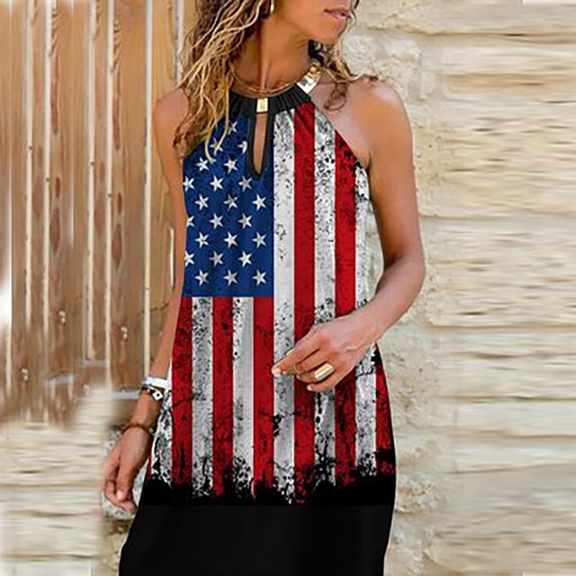 Robe pour Femmes Liquidation Robe d'Été Décontractée Tendances Col en Métal Imprimé Sans Manches Noir TTG