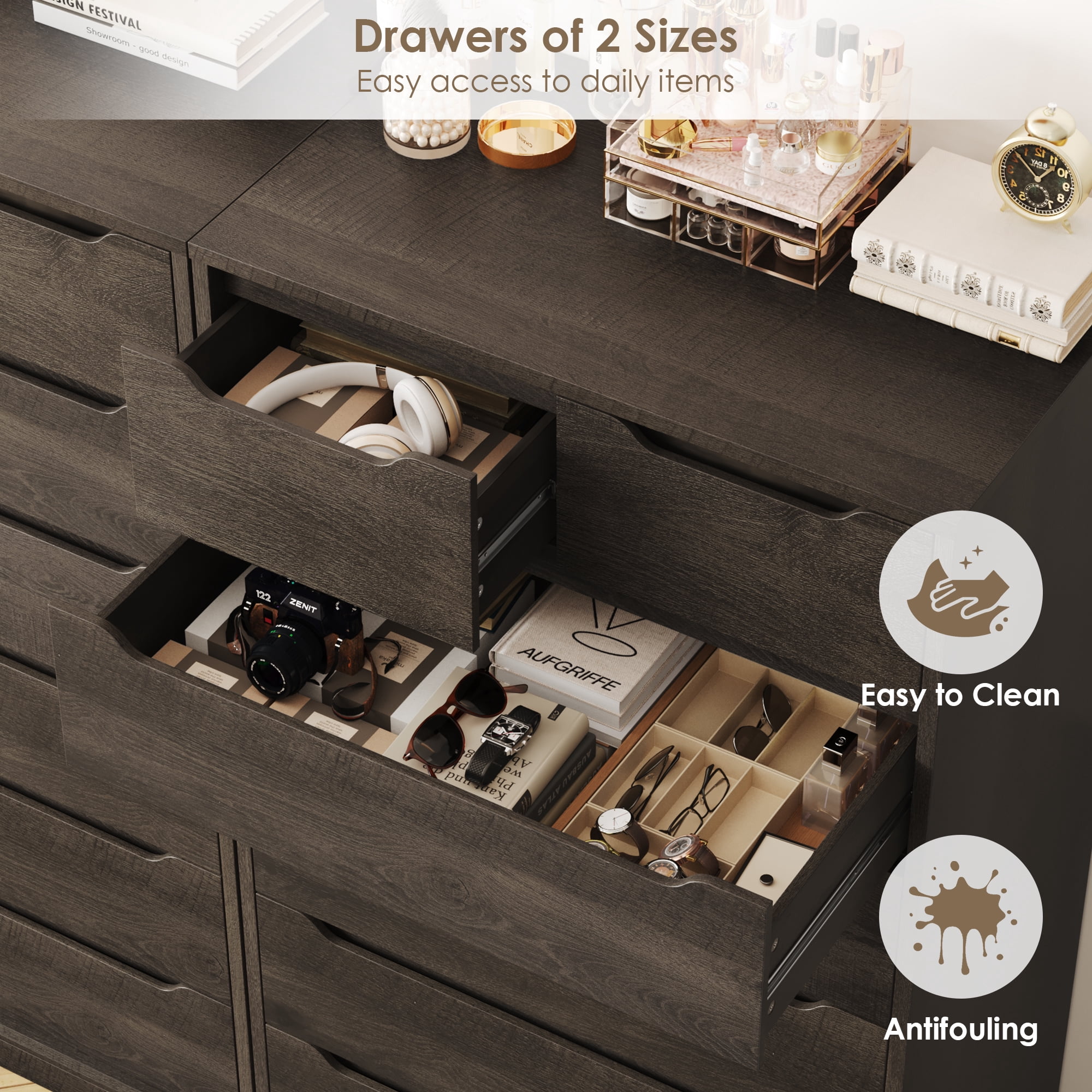 Homfa Vertical 7 Drawer Dresser, 51.3 in Tall Wood Storage Cabinet with Upgraded Stable Base for Bedroom Living Room, Dark Brown