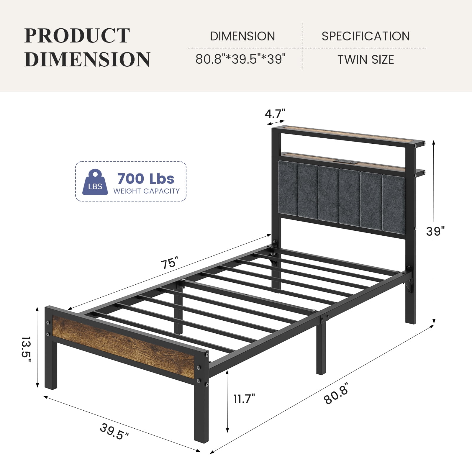 Kbun Twin Bed Frame with LED Lights & Charging Station, Metal Platform Bed Frame with 2-Tier Storage Headboard, Under Bed Storage Space, No Box Spring Needed, Noise Free