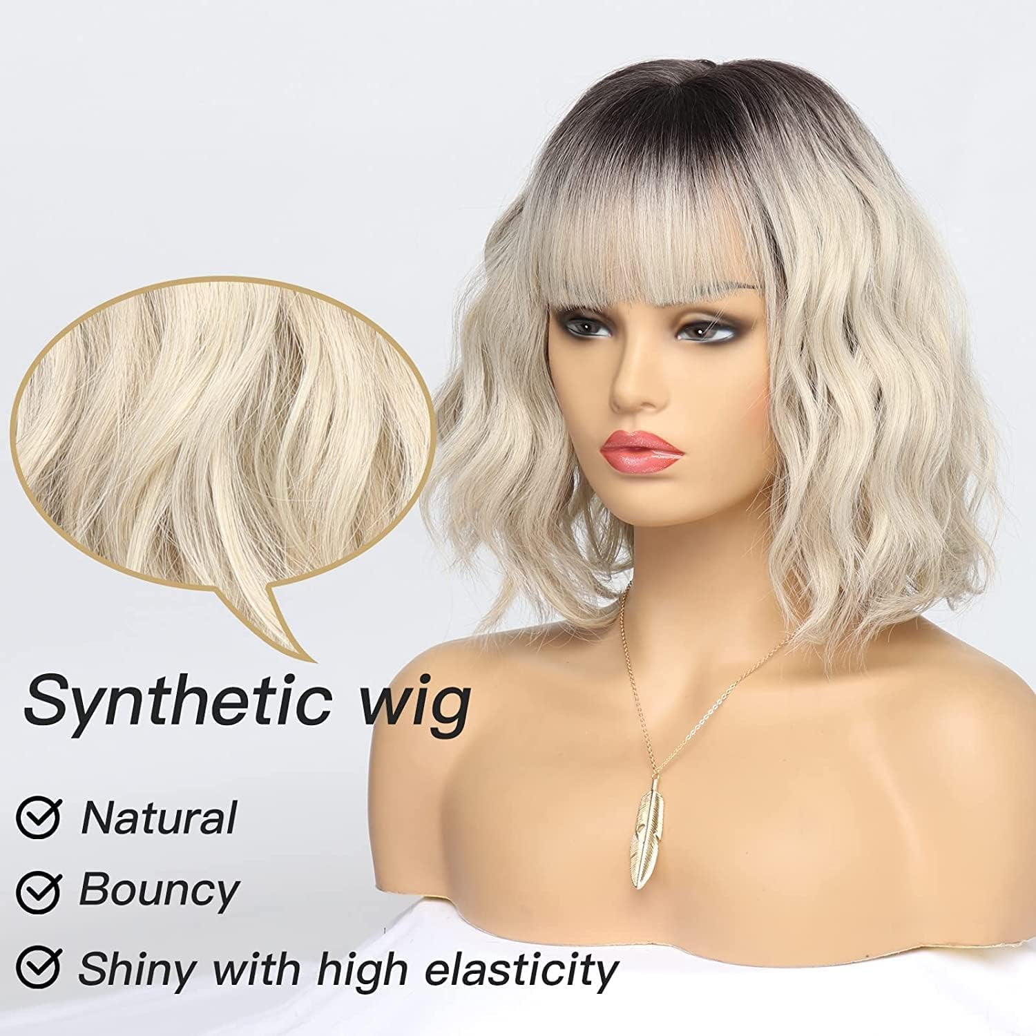 SUCS Short Wigs for Women Grey Wavy Bob Wig with Bangs Medium Length Synthetic Hair Water Wave Dark Roots Wig Gray Colorful Wigs（12 Inches）