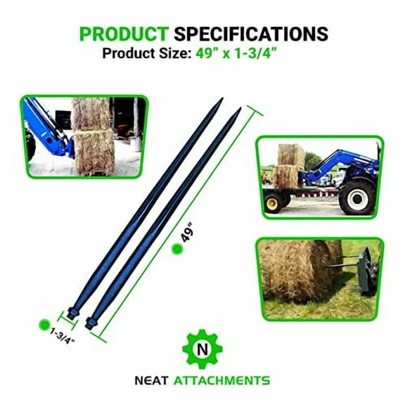 Pair 49" Hay Bale Spear 3000 LBs Capacity, C-2 Bale Spike Square Tapered Forged - 1 3/4" Conus 2, Bale Hay Spike with Hex Nut