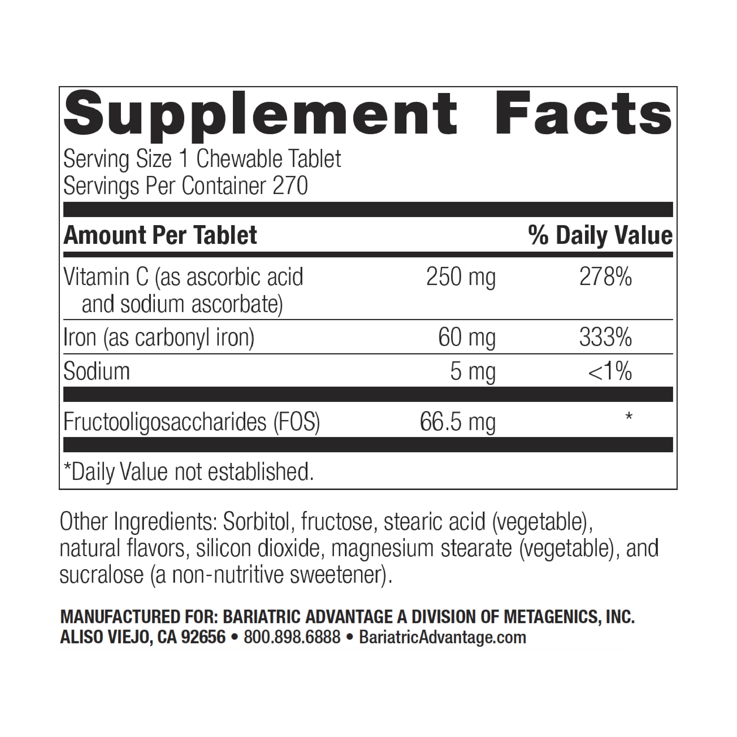 Bariatric Advantage Chewable Iron 60 mg - For Bariatric Surgery Patients - Iron with Vitamin C - No Iron Taste - Carbonyl Iron Supplement - Lemon & Lime - 270 Count