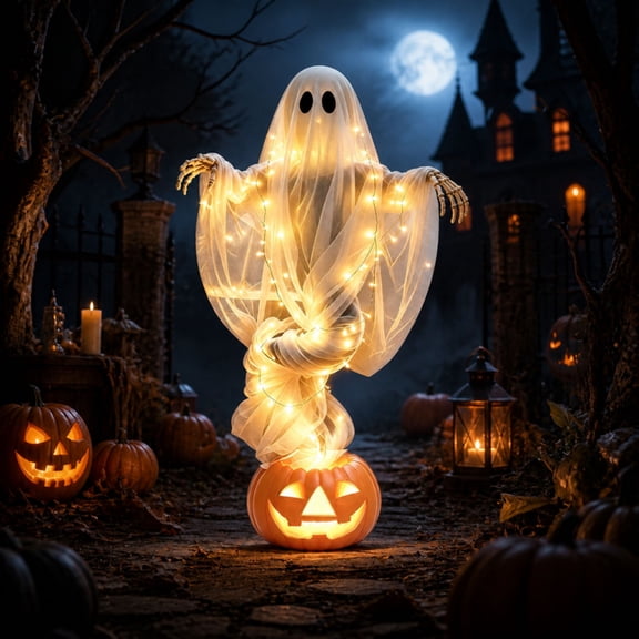 51 Inch Halloween Swirling Ghost Pumpkin Yard Lamp, Lighted Spooky Halloween Gauzy Ghost, Large LED Halloween Decorations Outdoor for Garden Lawn Porch Decor