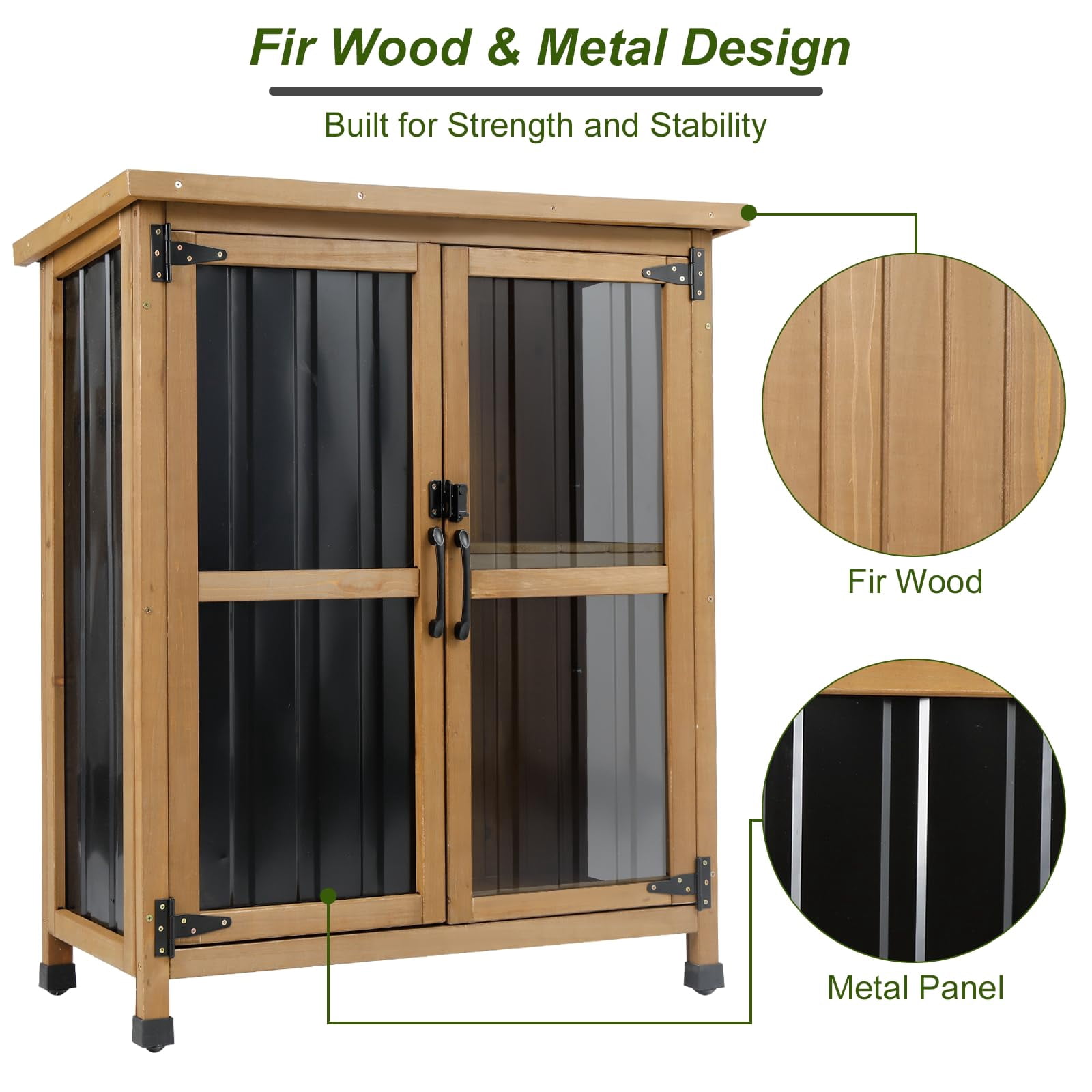 Gowoodhut Outdoor Storage Cabinet Wood Storage Shed Waterproof Roof, Double Lockable Doors Garden Shed with Removable Shelves for Patio, Garden