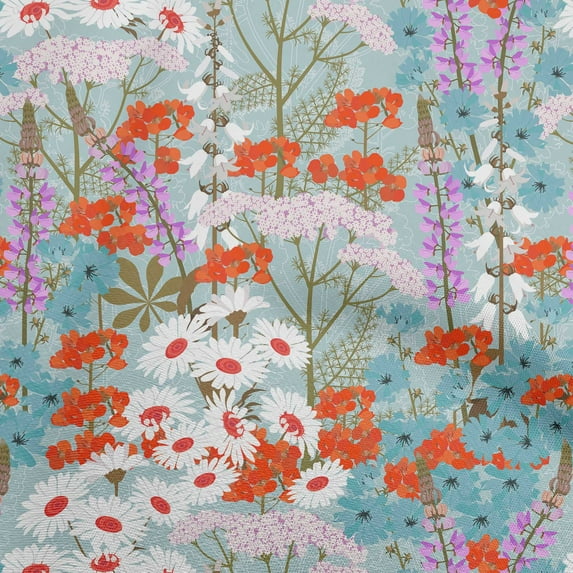 oneOone Cotton Poplin Light Blue Fabric Asian Floral Botanical Flower Sewing Material Print Fabric By The Yard 56 Inch Wide