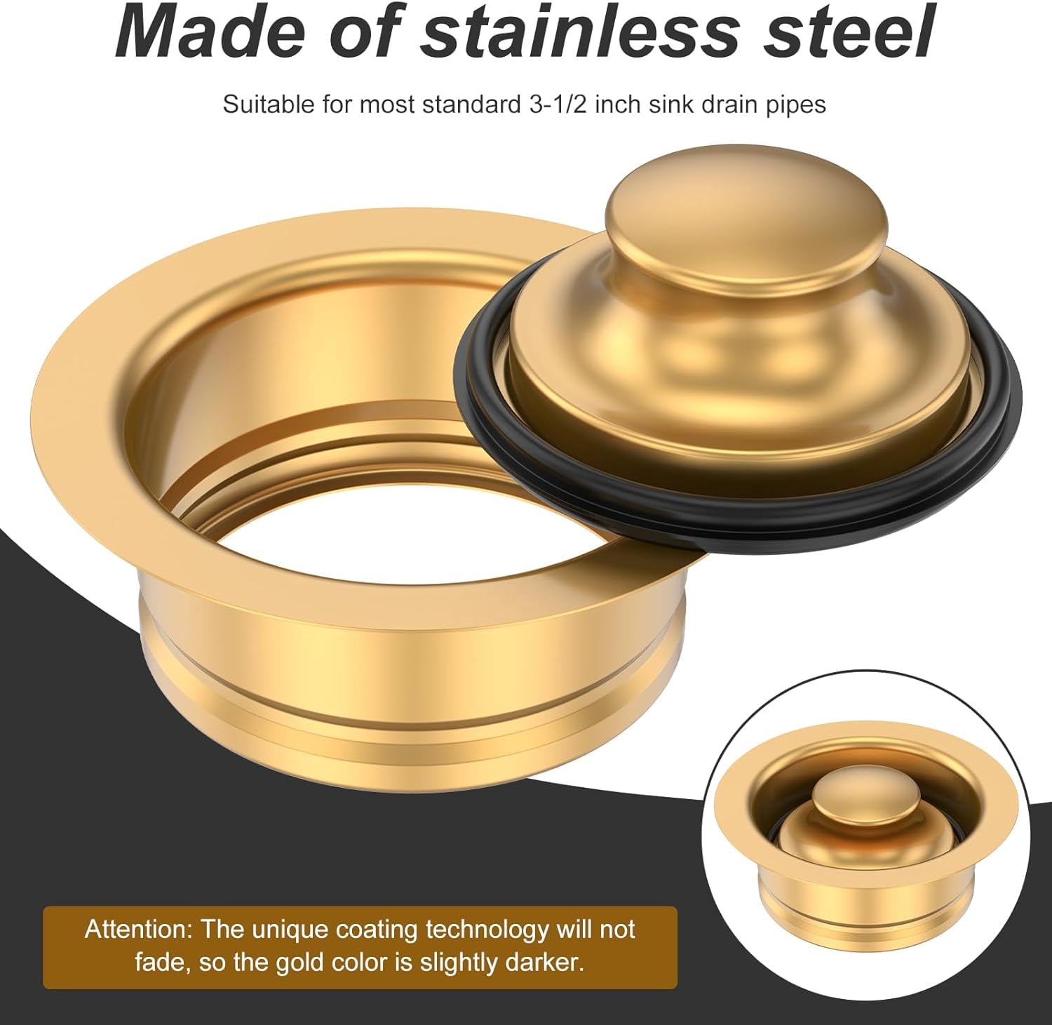 Kitchen Sink Garbage Disposal Flange and Stopper Fit Universal 3-1/2 Inch Standard Drain Hole, Stainless Steel Sink Flange Stopper Replacement Accessories, Gold