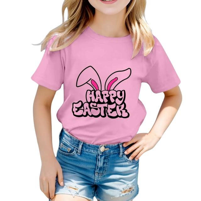 T-shirts Filles Enfant Pâques Mignon Graphique Col Rond Manches Courtes Tee Été Décontracté Vêtements Filles Tout-Petits Rose 4-5 Ans