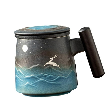 

Moonlight Deer Milk Tea mug and cup with Infuser And Lid Drinkware Handmade Art Ceramic Strainer Mug Wooden Handle Coffee Cup for Business Gift Set E
