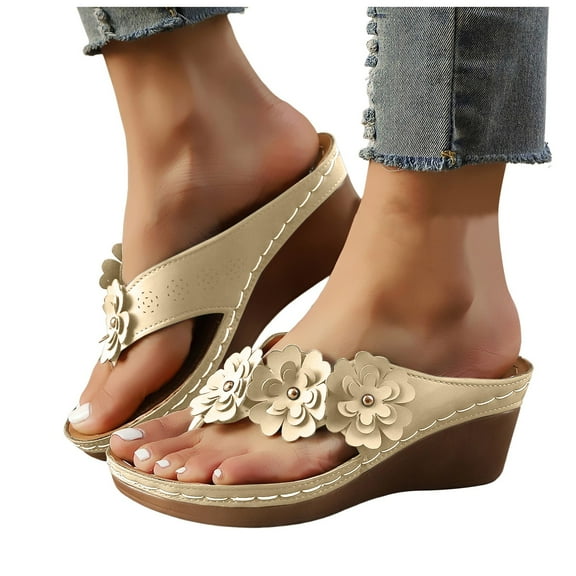 Women's Orthopedic Wedge Sandals Fashion Flower Leather High Heels Flip Flops Dress Slippers Beach Slides