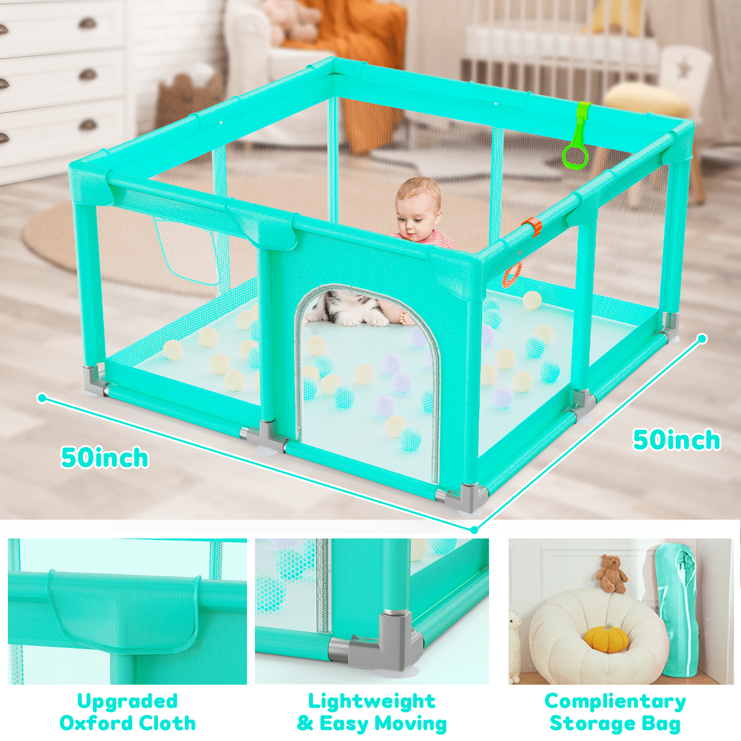 JoyStone Baby Playpen, 50 x 50 in, Non-Slip Base, Soft Mesh Sides, 2 Pull-up Rings, Carry Bag, Green