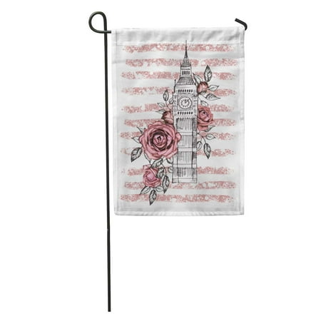 Flower Big Ben - KDAGR Bigben London Pink Rose Graphic Big Ben Strip Watercolor Flower Floral Abstract Travel Hand Composition Garden Flag Decorative Flag House Banner 28x40 inch