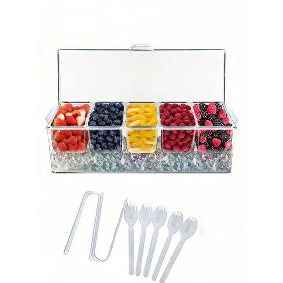 1pc Bar Serving Tray On Ice With 5 Compartments Container, Fruit Trays For Serving, Garnish Platters With Lid, Clear