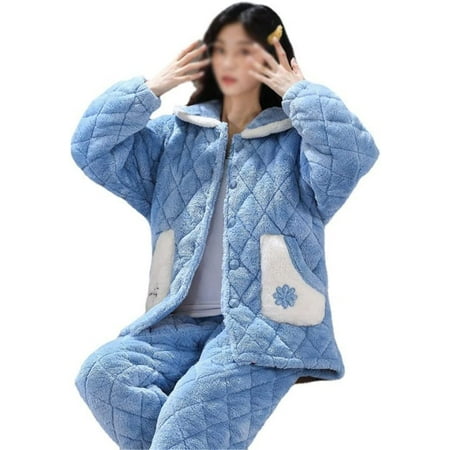 

QWZNDZG Thick Coral Fleece Winter Women Pajamas Set Long Sleeve Sleepwear Warm Casual Homewear Pyjamas (Color : Blue Size : XXL code)