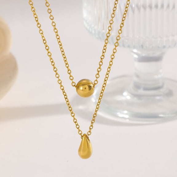 Simple Fashion Waterdrop 14K Gold Filled Pendant Double Layered Necklace, Round Ball Charm Clavicle Chain Choker Jewelry for Women
