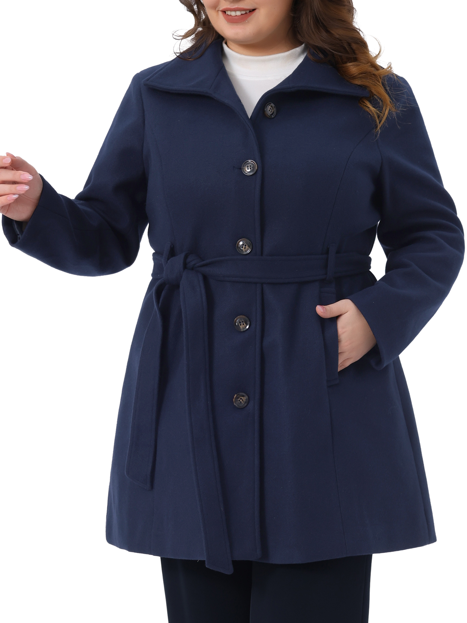 DARING DIVA Women's Plus Size Notch Lapel Single Breasted Peacoat with Belt 1X Navy Blue