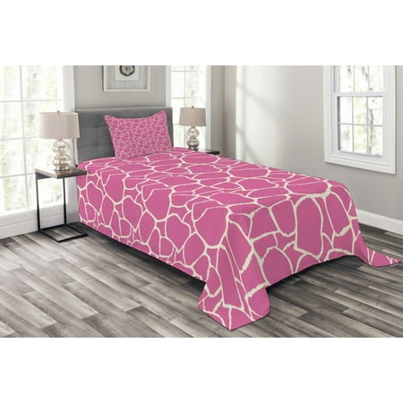 Hot Pink Bedspread Set, Abstract Giraffe Skin Pattern Vivid Color Exotic Animal Camouflage Safari Jungle, Decorative Quilted Coverlet Set with Pillow Shams Included, Pink White, by Ambesonne