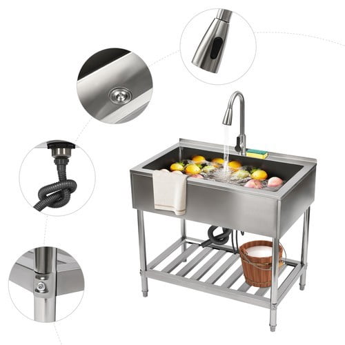 Utility Sink, 35.8" L x 23.2" W x 34.3" D Free Standing Single Bowl Kitchen Sink with Cold and Hot Water Faucet, Commercial Stainless Steel Laundry Tub for Kitchens, Bathrooms, Garage, Laundry Room