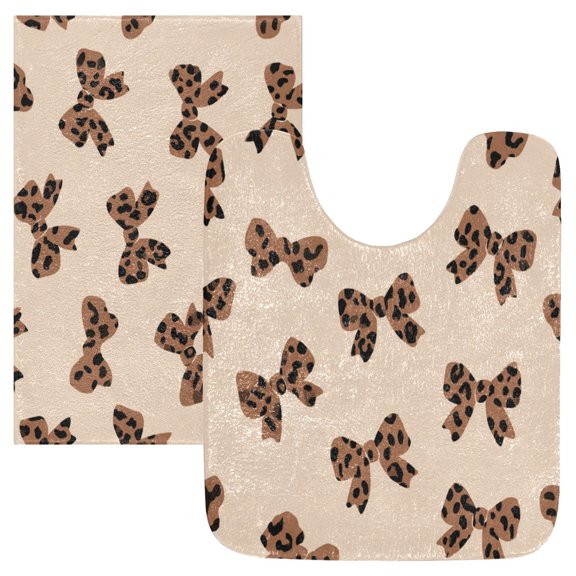 2 Piece Bath Mat Set with U-Shaped Toilet Mat and Rectangle Bath Rugs Non Slip Machine Washable Bathroom Mats Cute Brown Bow