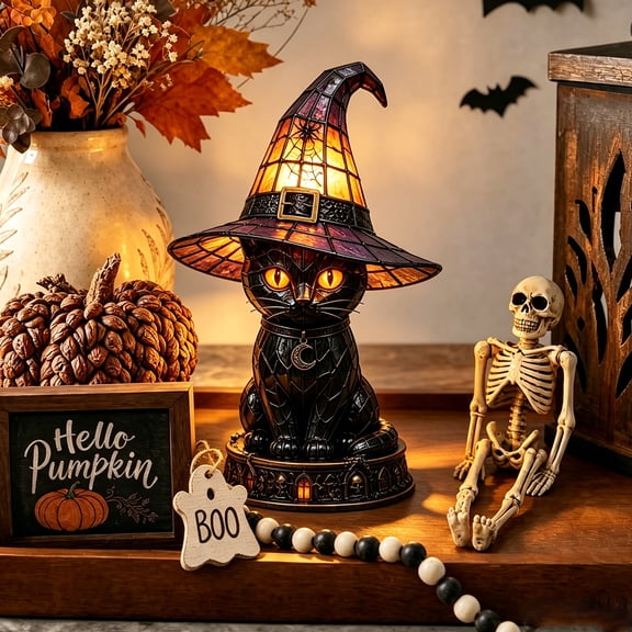 Stained Glass Style Witch Hat Lamp – Vintage Halloween Table Decor Night Light – Handcrafted Resin Gothic Wizard Accent Lamp for Bedroom, Bookshelf and Witchy Room Aesthetics