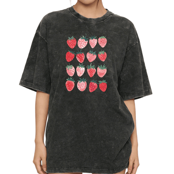 Women's Strawberry Grid Graphic Vintage Comfortable Short Sleeve Breathable Washed T Shirt Black S-2XL Plus Size