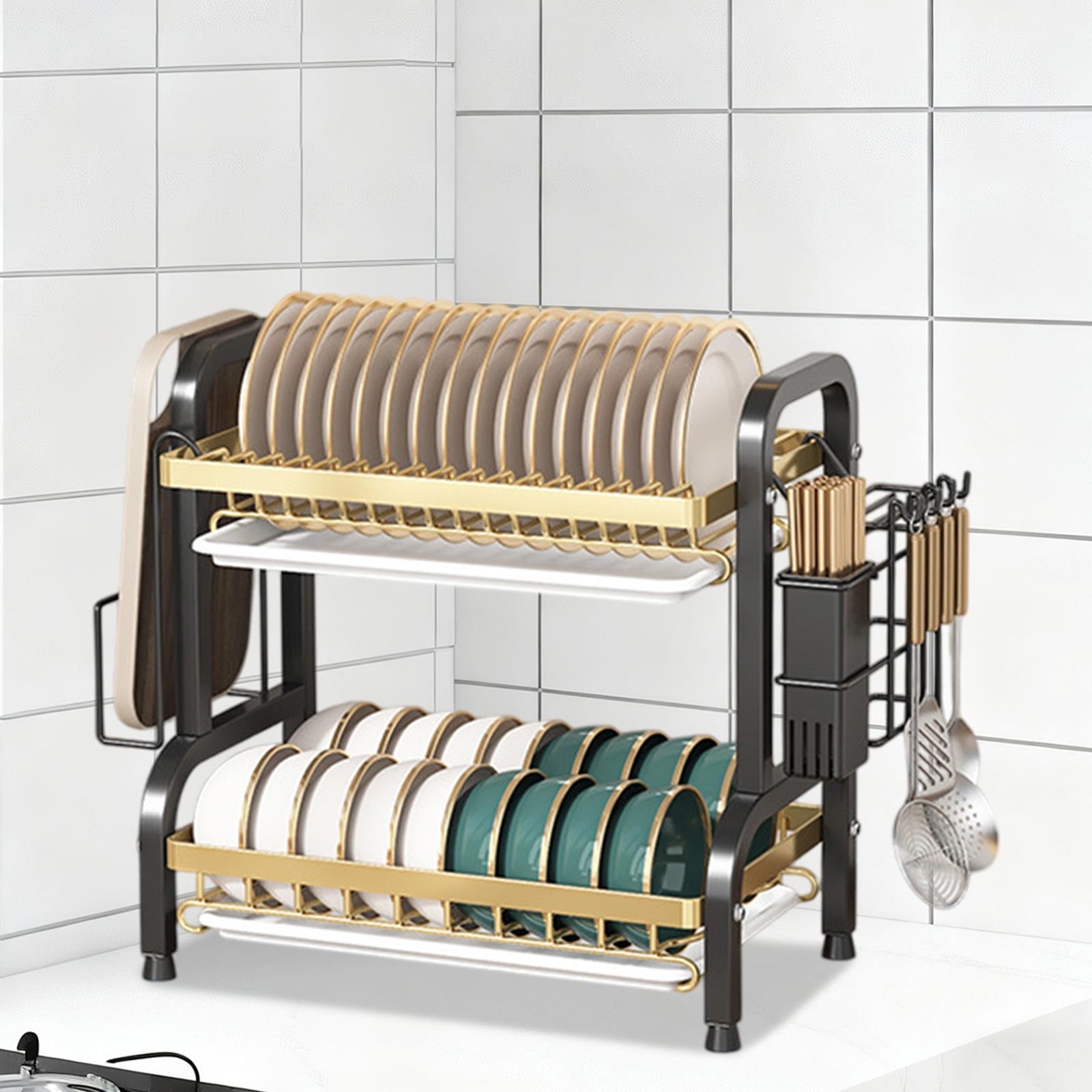 Dish Drying Rack, 2-Tier Dish Racks for Kitchen Counter with Carbon Steel Dishwasher Rack , Sturdy Dish Drainer with Knife, Fork & Plate Rack | Space - Saving Drying Rack Kitchen Gadget