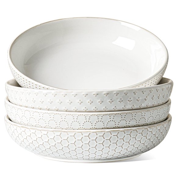 LE TAUCI Bols à Pâtes 42 Oz, Grand Bol à Salade, Assiette de Service en Céramique à Relief en Grès pour Fruits, Nouilles, Souper, Cadeau de Pendaison de Crémaillère de Mariage - 9 Po, Ensemble de 4, Blanc Arctique