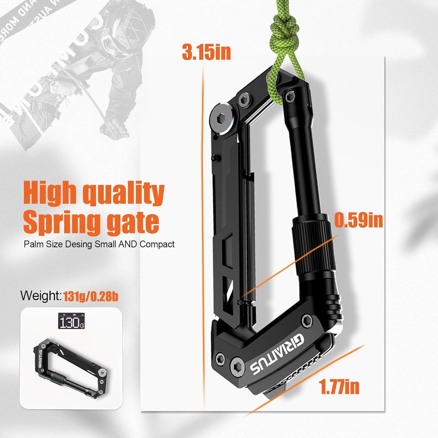 Carabiner Multitool 8-in-1 EDC Carabiners Pocket Knife, Serrated Rope Cutter, Screwdriver, Can Bottle Opener, Ruler, Survival Gear for Camping Climbing Hiking, Gifts Men ()