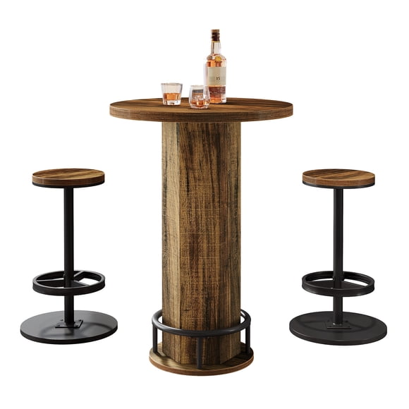 Fnova Ensemble de 3 Pcs pour Bar avec Table Ronde Hauteur Comptoir et 2 Tabourets, Ensemble de Table de Pub pour Cuisine, Appartement, Petit Espace