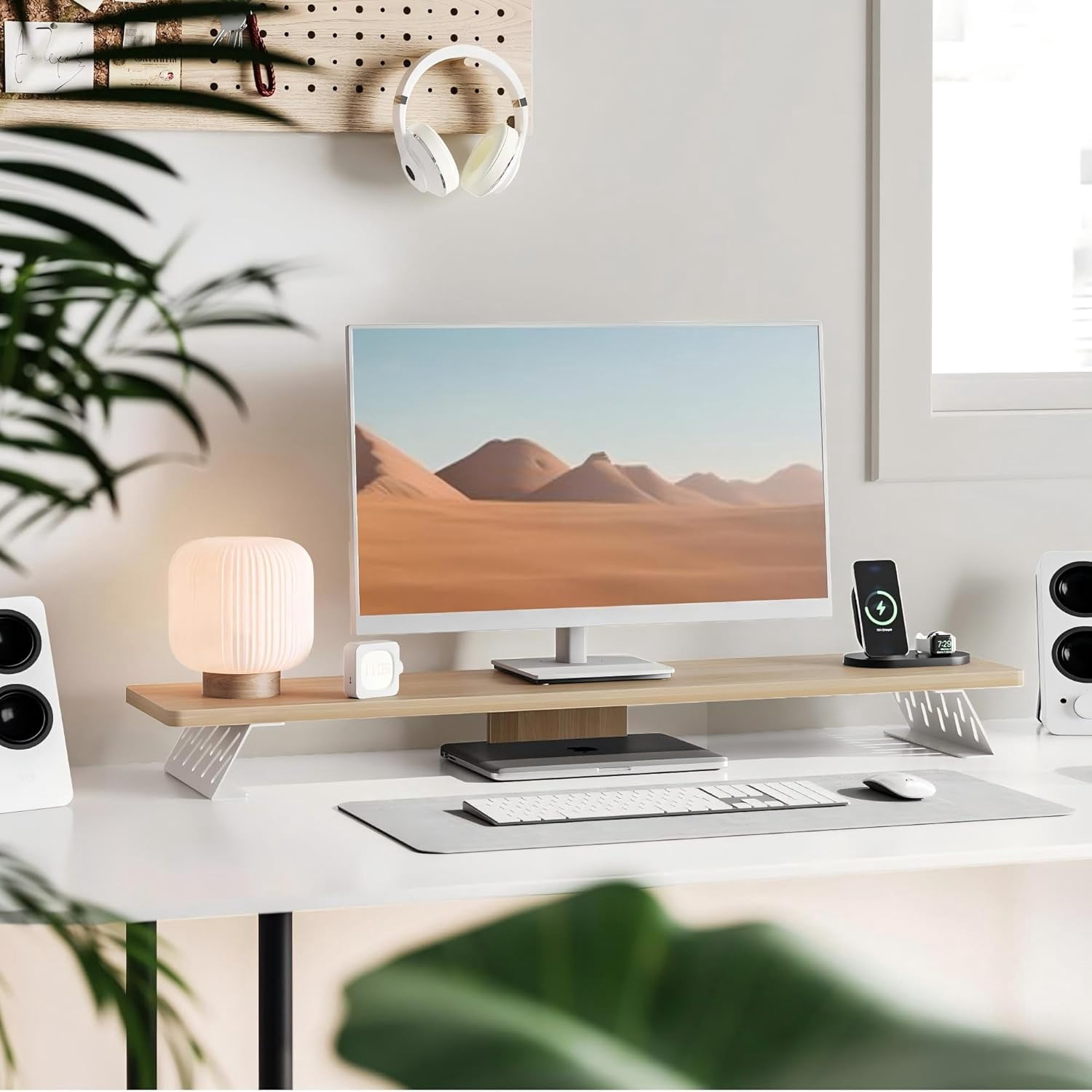 Wood and Steel Dual Monitor Stand Riser for Desktop, Laptop, PC, and Printer