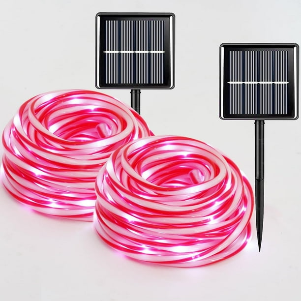 Juego de 2 luces de cuerda de bastón de caramelo, 100 luces LED rojas y blancas, 8 modos de luces solares para exteriores, Navidad, Año Nuevo, decoraciones de invierno