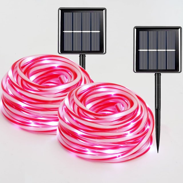 Juego de 2 luces de cuerda de bastón de caramelo, 100 luces LED rojas y blancas, 8 modos de luces solares para exteriores, Navidad, Año Nuevo, decoraciones de invierno