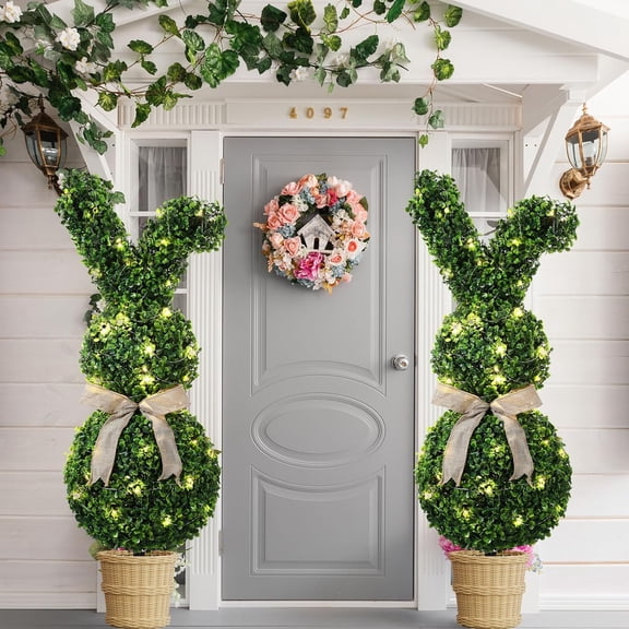 2 Pcs 31.5 Inch Easter Artificial Bunny Shaped Topiary Trees with Ground Spike, Spring Faux Boxwood Topiary Rabbit Bushes Potted Fake Shrubs for Garden Patio Front Porch Indoor Outdoor Decor