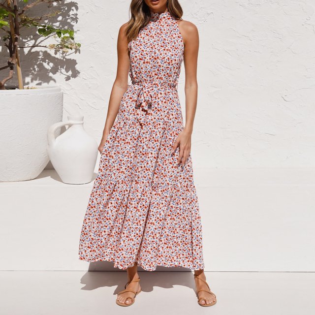 Vestido sin mangas para mujer, cuello halter, dobladillo con volantes, vestido largo, cintura imperi Abanopi Rosa/Medio