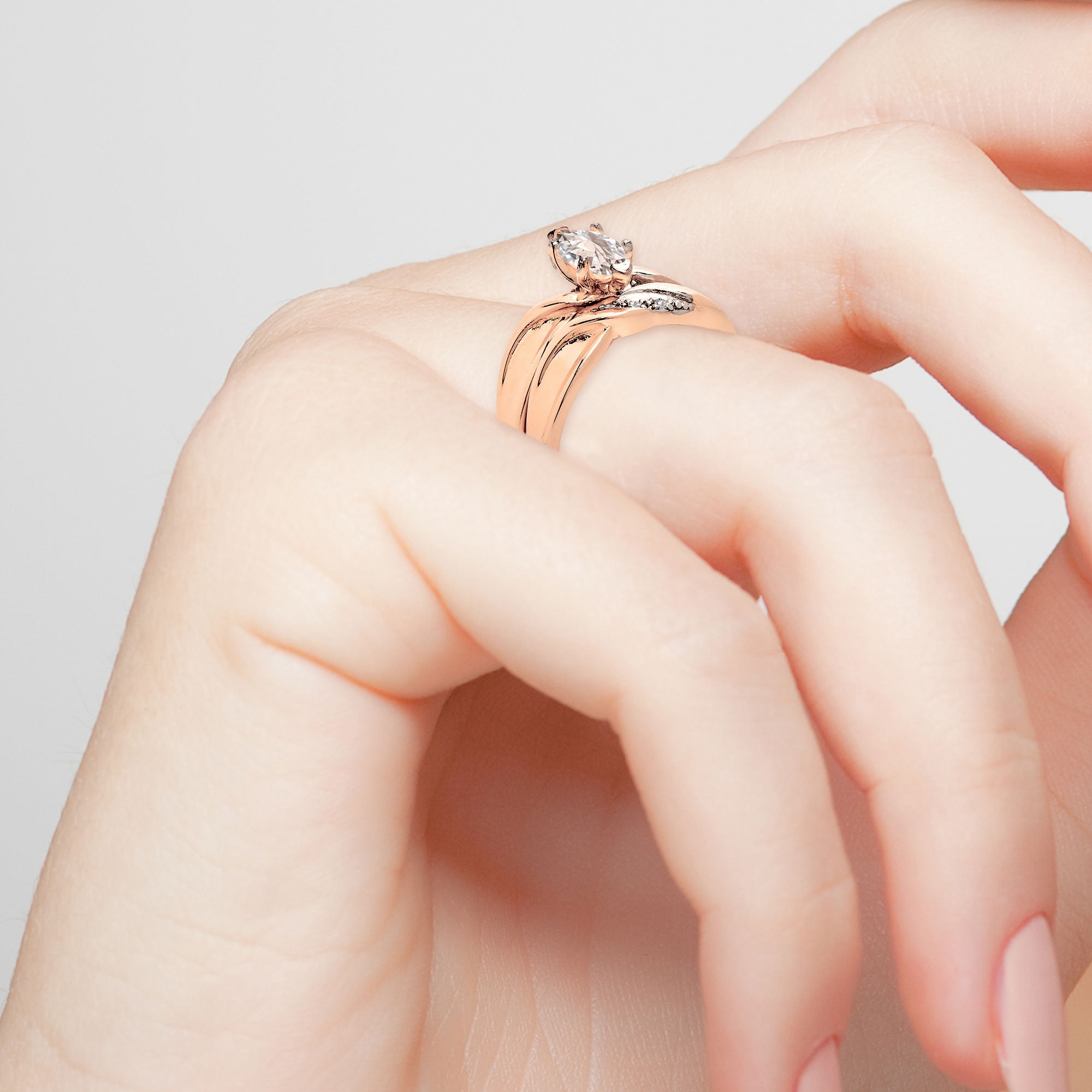 Personalized Planet Bridal 14K Rose Gold over Sterling Silver Marquise White Topaz Diamond Accent 2-Piece Engraved Wedding Ring Set