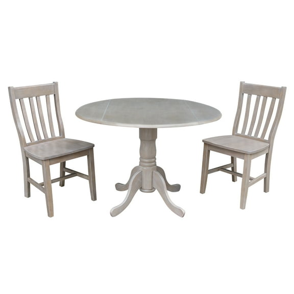 42 inch Dual Drop Leaf Dining Table with Two Schoolhouse Chairs in Washed Gray Taupe