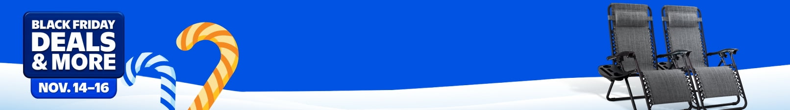 Black Friday Deals and more, November fourteenth through sixteenth. Two black chairs.