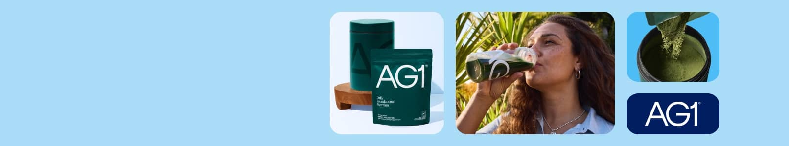 AG one logo. Image shows a canister and bag of AG one, a person drinking AG one, and the nutritional formula being poured from a bag into a canister.