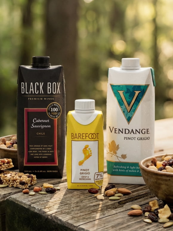 Black box, barefoot and vendange tetra pak wine.