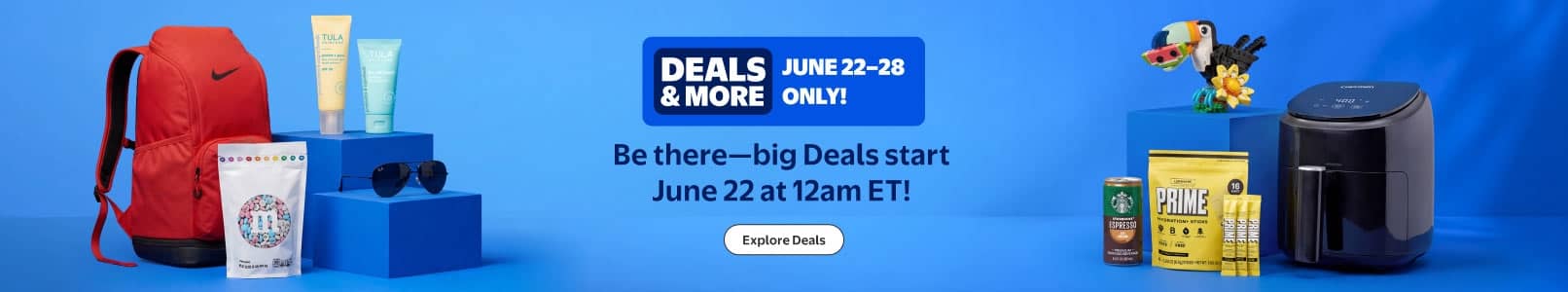 Deals start June twenty second twelve AM ET. A backpack, M&Ms, skincare, sunglasses, Starbucks espresso, Prime drink mix, Lego toucan and air fryer.