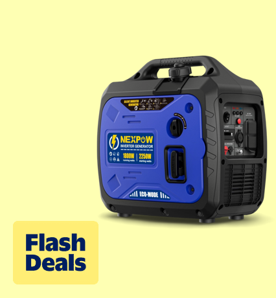 Image shows a black and blue Nexpow portable inverter generator on a light yellow background.