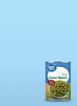 An image of a can of Great Value brand green beans. Text: SNAP-eligible staples under $1. Shop now.