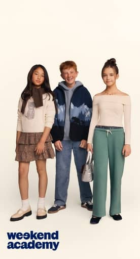 Three kids in fall fits: cat print sweater with tiered skirt, fleece jacket with jeans, and off-shoulder top with joggers. Logo reads Weekend Academy.