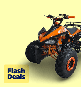 Flash deals. Image shows an orange X-Pro 125cc gas ATV with large tires, set against a pale yellow background.