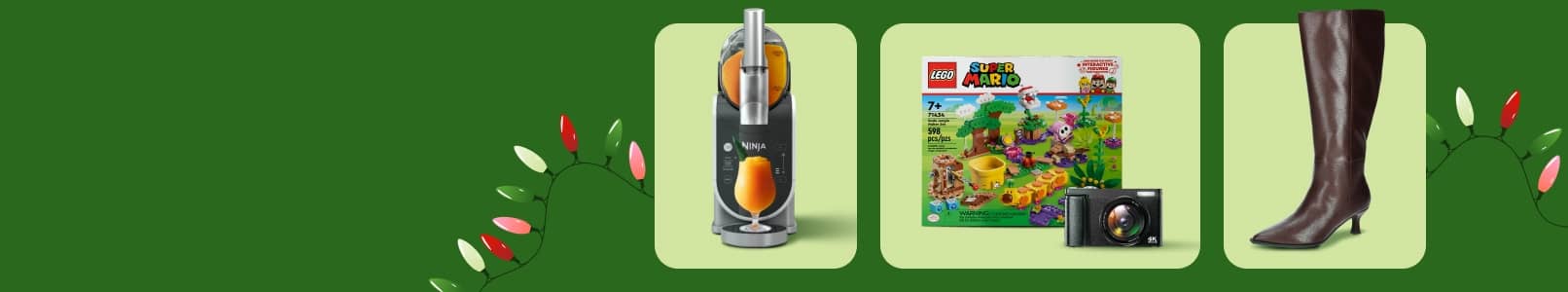 See a Ninja slushie maker, a Lego Super Mario collaboration set, a digital camera and a pair of brown leather, calf-high kitten heel boots.